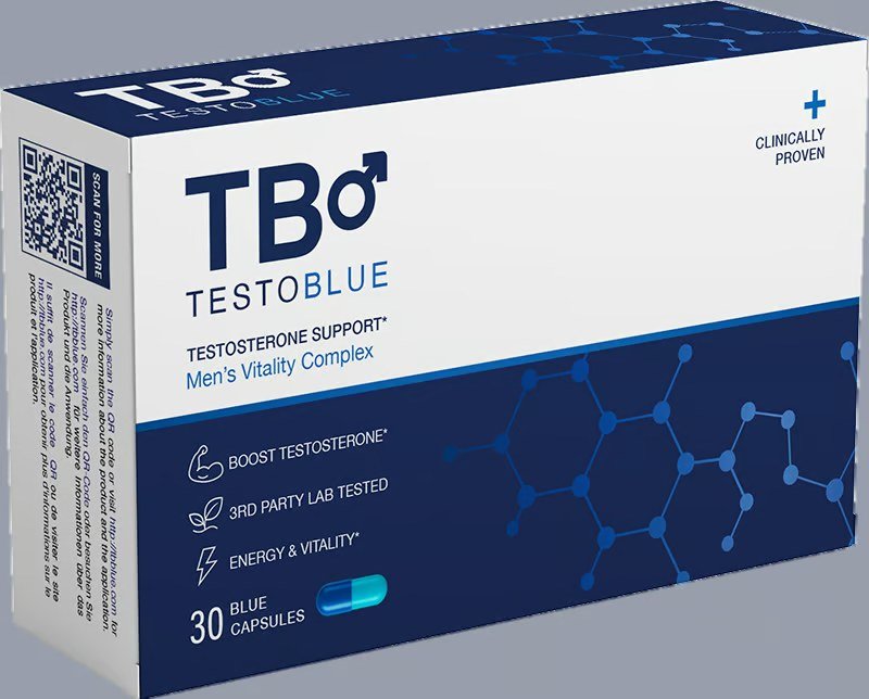 Boîte Testo Blue affichant Testosterone Support, Men's Vitality Complex et 30 Blue Capsules